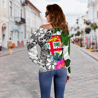 Fiji Custom Personalised Women's Off Shoulder Sweater White - Turtle Plumeria Banana Leaf - Polynesian Pride