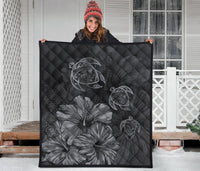Hawaiian Map Turtle Hibiscus Vintage Polynesian Premium Quilt Gray - Polynesian Pride