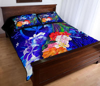 Polynesian Hawaii Quilt Bed Set - Kanaka Maoli Humpback Whale with Tropical Flowers (Blue) - Polynesian Pride
