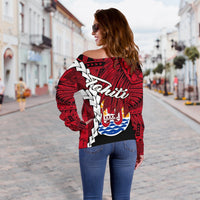 Tahiti Polynesian Women's Off Shoulder Sweater - Tribal Wave Tattoo Flag Style - Polynesian Pride
