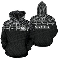 Samoa Polynesian All Over Hoodie Black White Heartbeat Style Unisex Black - Polynesian Pride