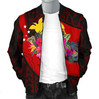 Papua New Guinea Men's Bomber Jacket - Polynesian Hook And Hibiscus (Red) - Polynesian Pride