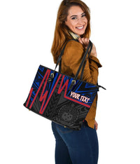Samoa Personalised Large Leather Tote Bag - Samoa Coat Of Arms With Polynesian Patterns In Heartbeat Style (Blue) - Polynesian Pride