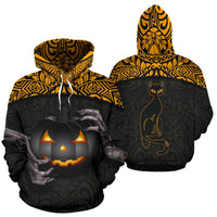 Halloween Polynesian Hoodie Hold Your Pumpkins and Black Cat Unisex Black - Polynesian Pride