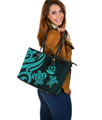 Vanuatu Large Leather Tote - Turquoise Tentacle Turtle - Polynesian Pride