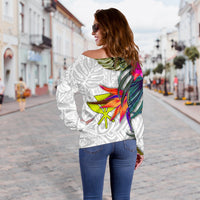 Hawaii Women's Off Shoulder Sweater Polynesian Hibiscus White Pattern - Polynesian Pride