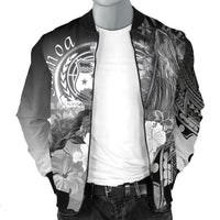 Samoa Men's Bomber Jacket - Humpback Whale with Tropical Flowers (White) - Polynesian Pride