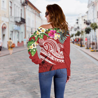 Tonga Polynesian Women's Off Shoulder Sweater - Summer Plumeria (Red) - Polynesian Pride