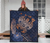 Personalized - Hawaii Kakau Polynesian Turtle Map Premium Quilt - Indigo Special Edition - Polynesian Pride