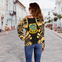 Tuvalu Women's Off Shoulder Sweater - Polynesian Tattoo Gold - Polynesian Pride