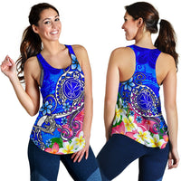 Hawaii Women's Racerback Tank - Turtle Plumeria Polynesian Tattoo Blue Color - Polynesian Pride