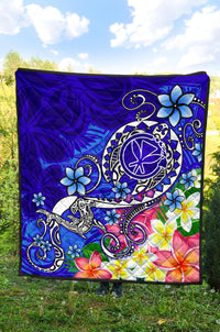 Hawaii Premium Quilt - Turtle Plumeria Polynesian Tattoo Blue Color - Polynesian Pride