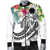 Nauru Polynesian Men's Bomber Jacket - Summer Plumeria (White) - Polynesian Pride