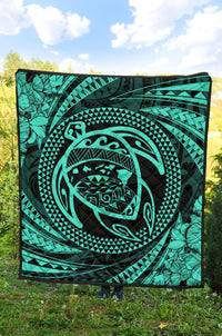Hawaiian Kanaka Honu Hibiscus Tornando Turquoise Polynesian Premium Quilt - Polynesian Pride