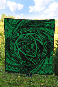 Hawaiian Kanaka Honu Hibiscus Tornando Green Polynesian Premium Quilt - Polynesian Pride