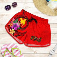 Papua New Guinea Polynesian Women's Shorts - Floral With Seal Red - Polynesian Pride