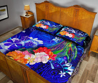 American Samoa Polynesian Custom Personalised Quilt Bed Set - Humpback Whale with Tropical Flowers (Blue) - Polynesian Pride