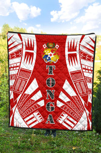 Tonga Premium Quilt - Tonga Coat Of Arms Polynesian White Tattoo (Red) - Polynesian Pride