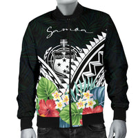 Samoa Men's Bomber Jacket - Samoa Caledonia Coat of Arms & Polynesian Tropical Flowers White - Polynesian Pride