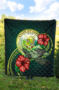 Hawaii Polynesian Premium Quilt - Green Turtle Hibiscus - Polynesian Pride