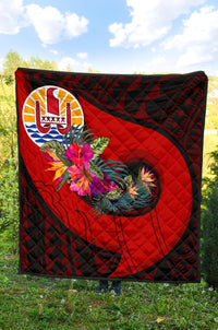 Tahiti Premium Quilt - Polynesian Hook And Hibiscus (Red) - Polynesian Pride