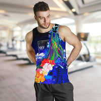 Fiji Men's Tank Top - Humpback Whale with Tropical Flowers (Blue) - Polynesian Pride