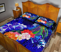 Cook Islands Custom Personalised Quilt Bed Set - Humpback Whale with Tropical Flowers (Blue) - Polynesian Pride