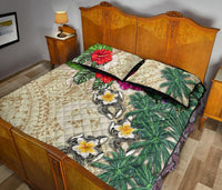 Vanuatu Polynesian Quilt Bed Set - Hibiscus Turtle Tattoo Beige - Polynesian Pride