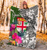 Fiji Custom Personalised Premium Blanket White - Turtle Plumeria Banana Leaf - Polynesian Pride