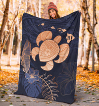 Personalized - Hawaii Kakau Polynesian Turtle Map Premium Blanket - Indigo - Polynesian Pride