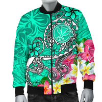 Hawaii Men's Bomber Jacket - Turtle Plumeria Polynesian Tattoo Turquoise Color - Polynesian Pride