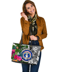 Northern Mariana Islands Large Leather Tote Bag White - Turtle Plumeria Banana Leaf - Polynesian Pride