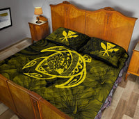 Hawaii Turtle Kanaka Map Hibiscus Poly Quilt Bed Set - Yellow - Polynesian Pride