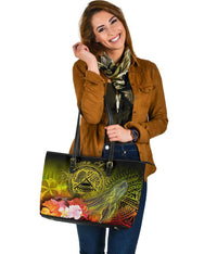 American Samoa Polynesian Leather Tote Bag - Humpback Whale with Tropical Flowers - Polynesian Pride