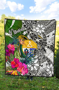 Nauru Premium Quilt White - Turtle Plumeria Banana Leaf Crest - Polynesian Pride