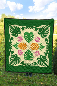Hawaiian Pineapple Hibiscus Pattern Premium Quilt - Burgundy - Argu Style - AH - Polynesian Pride