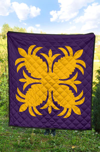 Hawaiian Premium Quilt Royal Pattern - Purple And Gold - A2 Style - Polynesian Pride