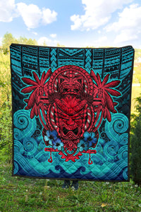 Hawaii Polynesian Premium Quilt - Hawaiian Red Tiki Face (Black Torquoise) - Polynesian Pride