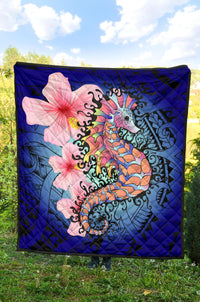 Hawaii Polynesian Pink Hibiscus Seahorse Premium Quilt - Polynesian Pride