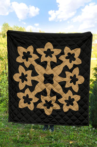 Hawaiian Premium Quilt Royal Pattern - Black And Gold - A1 Style - Polynesian Pride