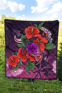 Polynesian Hawaii Premium Quilt - Purple Hibiscus Turtle Flowing - Polynesian Pride