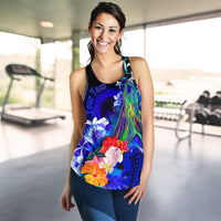 CNMI Custom Personalised Women's Racerback Tank - Humpback Whale with Tropical Flowers (Blue) Blue - Polynesian Pride