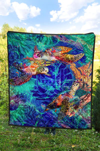 Tahiti Polynesian Premium Quilt - Tahiti Flag Sea Turtle Coral Treasure - Polynesian Pride