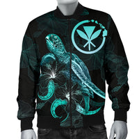 Hawaii Polynesian Men's Bomber Jacket - Turtle With Blooming Hibiscus Turquoise - Polynesian Pride