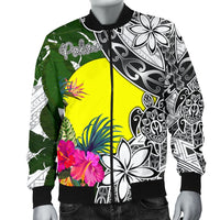 Palau Men's Bomber Jacket White - Turtle Plumeria Banana Leaf - Polynesian Pride