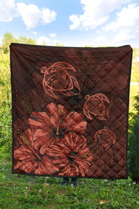 Hawaiian Map Hibiscus Turtle Vintage Polynesian Premium Quilt Red - Polynesian Pride