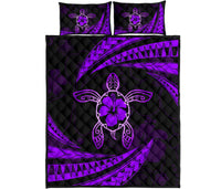Hawaii Quilt Bed Set - Hibiscus Turtle Tribal Waves Purple Art - Polynesian Pride