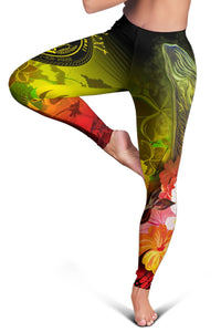 Polynesian Hawaii Custom Personalised Women's Leggings - Humpback Whale with Tropical Flowers (Yellow) - Polynesian Pride