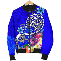 Polynesian Men's Bomber Jacket - Turtle Plumeria Blue Color - Polynesian Pride
