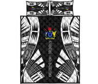 Cook Islands Quilt Bed Set - Cook Islands Coat Of Arms & Polynesian White Tattoo Style Black - Polynesian Pride